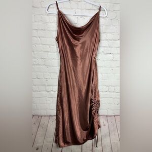 Sweet Generis Look My Way bronze satin slip midi length fitted dress, sz L, NWT